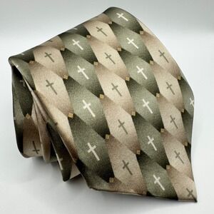 Eagles Wings Mens Silk Tie Olive Green Tan Geometric Christian Cross Religious